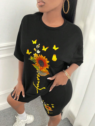 Butterfly & Floral Print Drop Shoulder Tee & Biker Shorts