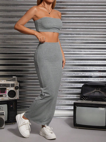 Solid Tube Top & Split Thigh Skirt