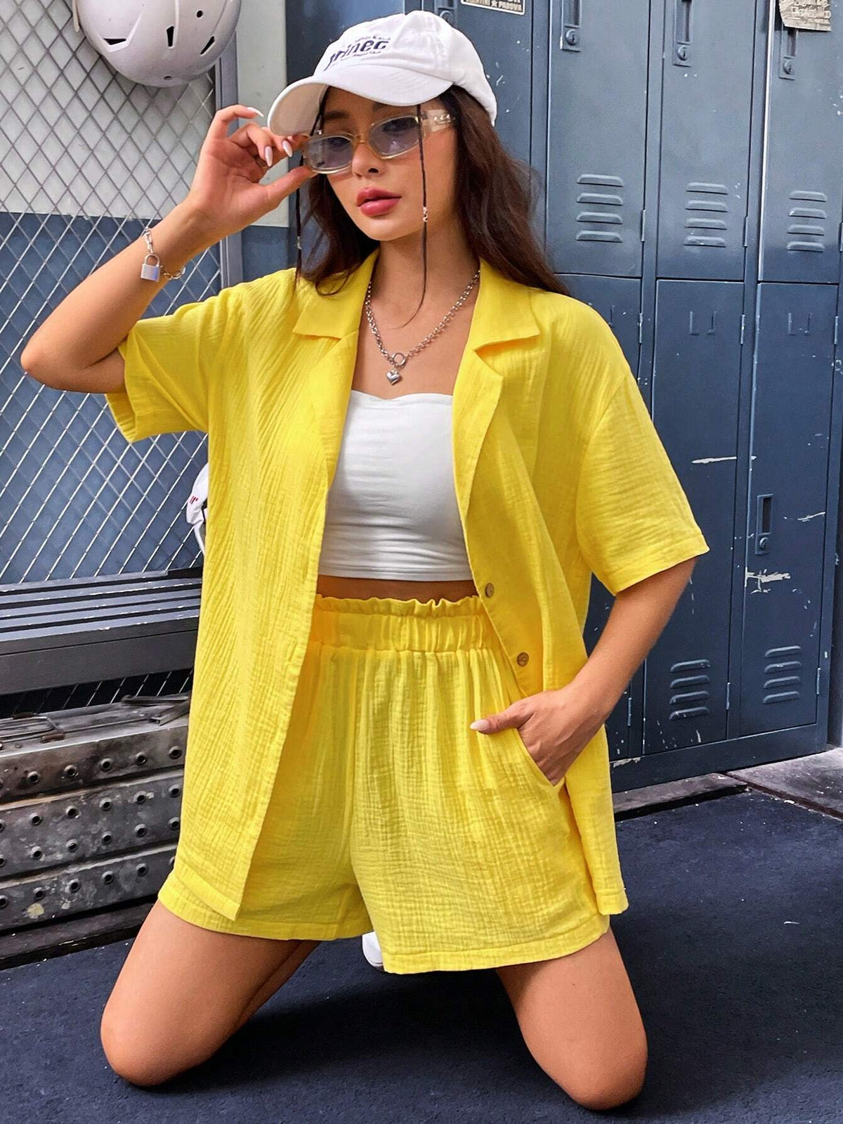 Solid Button Front Shirt & Paperbag Waist Shorts