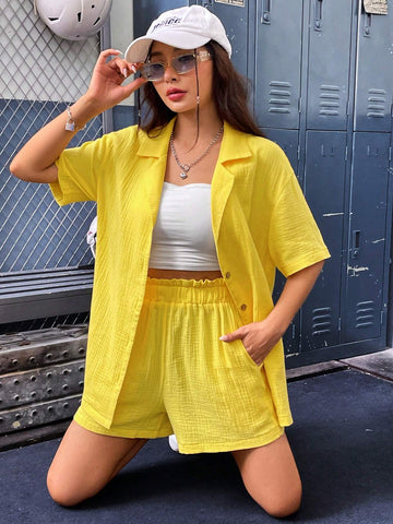 Solid Button Front Shirt & Paperbag Waist Shorts