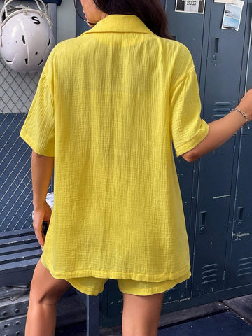 Solid Button Front Shirt & Paperbag Waist Shorts