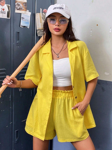 Solid Button Front Shirt & Paperbag Waist Shorts