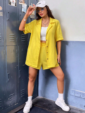 Solid Button Front Shirt & Paperbag Waist Shorts