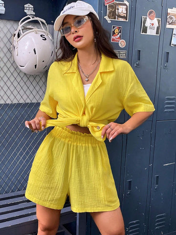 Solid Button Front Shirt & Paperbag Waist Shorts