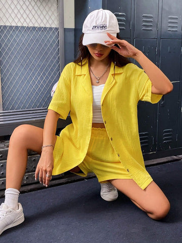 Solid Button Front Shirt & Paperbag Waist Shorts