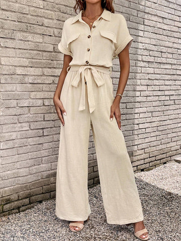 Flap Detail Batwing Sleeve Belted Shirt Jumpsuit