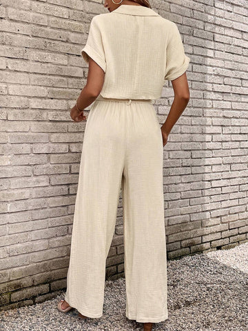Flap Detail Batwing Sleeve Belted Shirt Jumpsuit