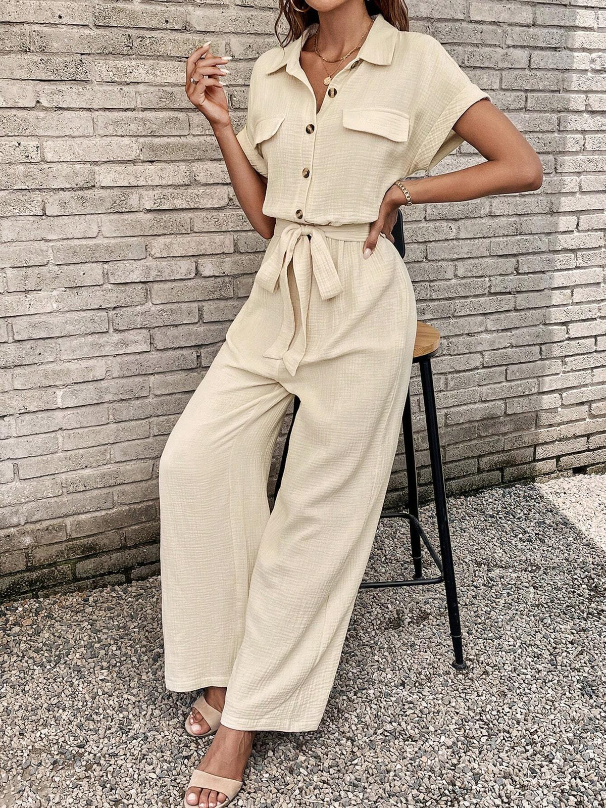 Flap Detail Batwing Sleeve Belted Shirt Jumpsuit