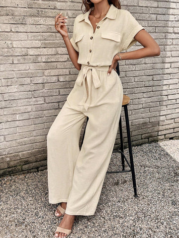 Flap Detail Batwing Sleeve Belted Shirt Jumpsuit