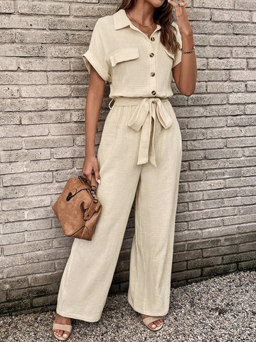 Flap Detail Batwing Sleeve Belted Shirt Jumpsuit