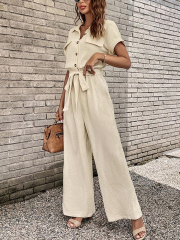 Flap Detail Batwing Sleeve Belted Shirt Jumpsuit