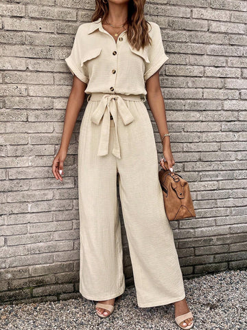 Flap Detail Batwing Sleeve Belted Shirt Jumpsuit