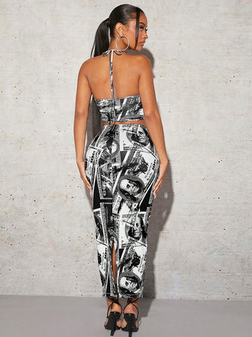 Figure Graphic Halter Top & Pencil Skirt