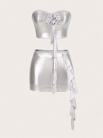 Solid 3D Rosette Tube Top & Draped Side Bodycon Skirt