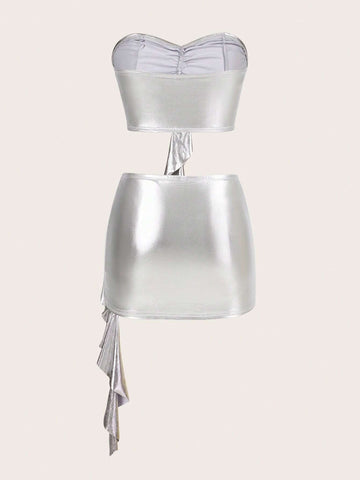 Solid 3D Rosette Tube Top & Draped Side Bodycon Skirt