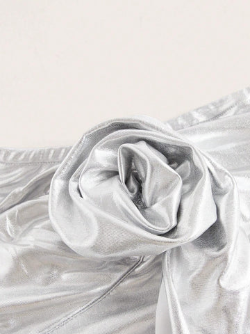 Solid 3D Rosette Tube Top & Draped Side Bodycon Skirt