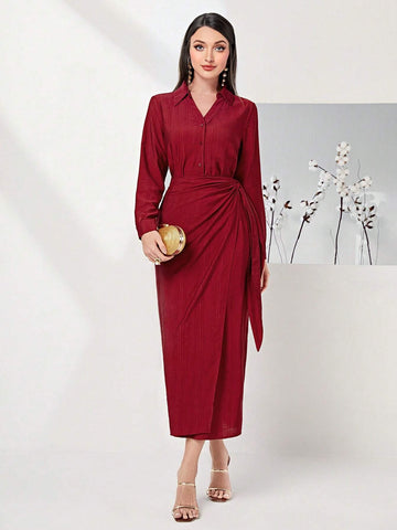 Solid Button Front Shirt & Knot Side Wrap Skirt