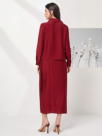 Solid Button Front Shirt & Knot Side Wrap Skirt