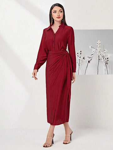 Solid Button Front Shirt & Knot Side Wrap Skirt