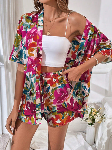 Floral Print Drop Shoulder Blouse & Drawstring Waist Shorts