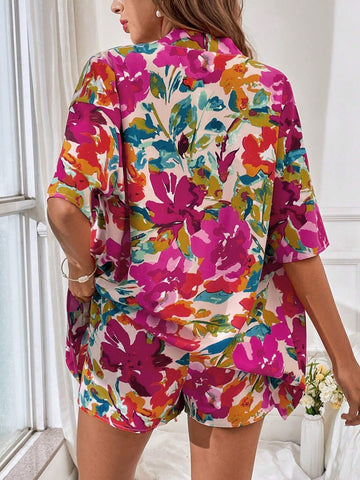 Floral Print Drop Shoulder Blouse & Drawstring Waist Shorts