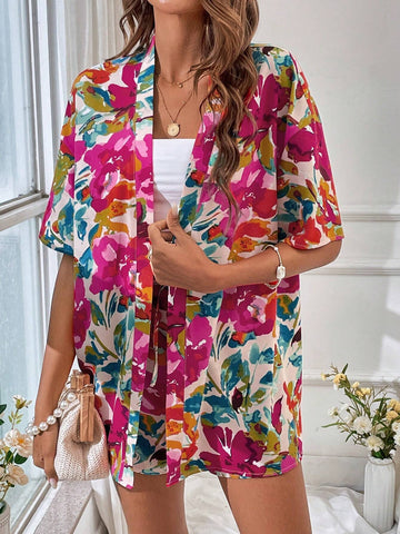 Floral Print Drop Shoulder Blouse & Drawstring Waist Shorts