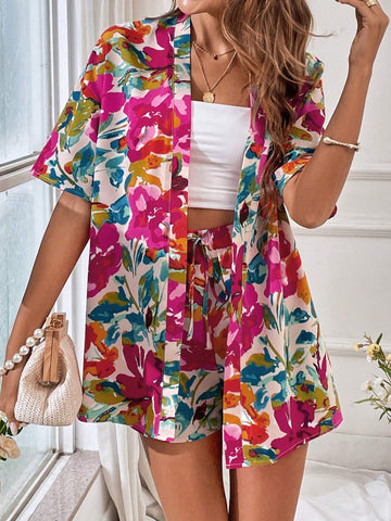 Floral Print Drop Shoulder Blouse & Drawstring Waist Shorts