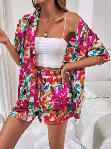 Floral Print Drop Shoulder Blouse & Drawstring Waist Shorts
