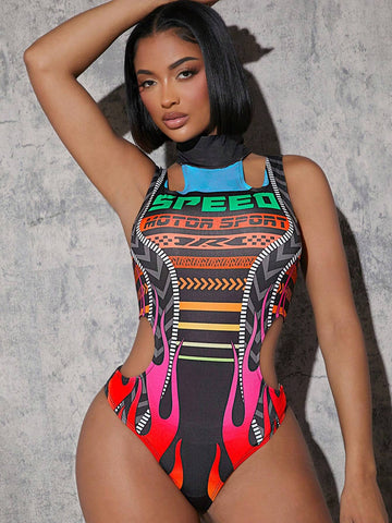 Letter Graphic Cut Out Bodysuit