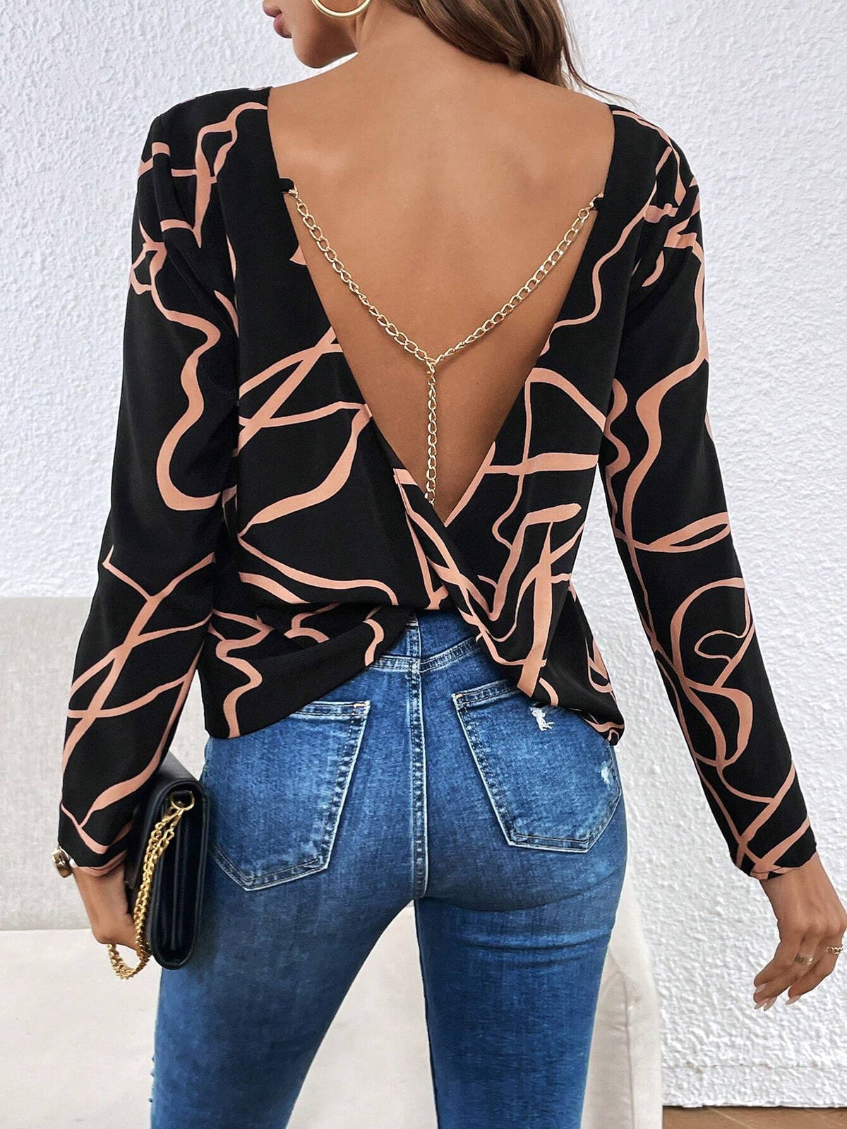 Graphic Print Chain Detail Backless Blouse