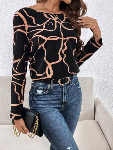 Graphic Print Chain Detail Backless Blouse
