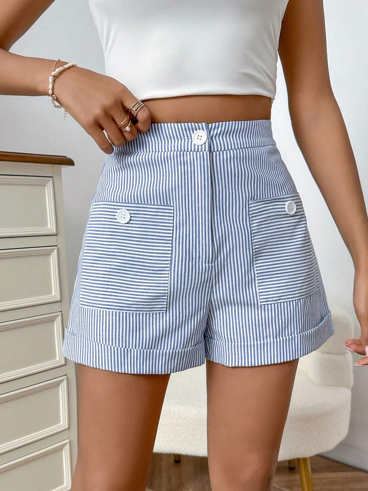 Striped Print Pocket Patched Shorts