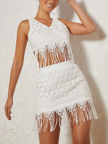 Fringe Hem Lace Tank Top & Skirt