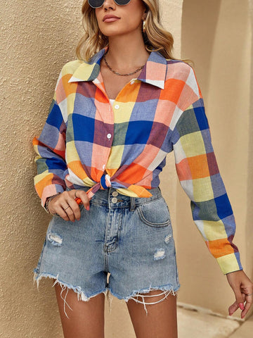1pc Plaid Print Drop Shoulder Shirt