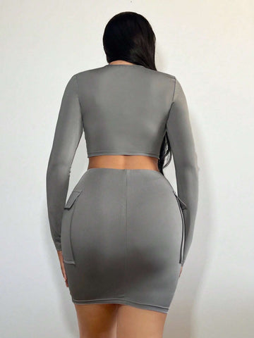 Ruched Front Crop Tee & Flap Pocket Bodycon Skirt