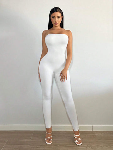 Solid Cut Out Backless Tube Unitard Jumpsuit
