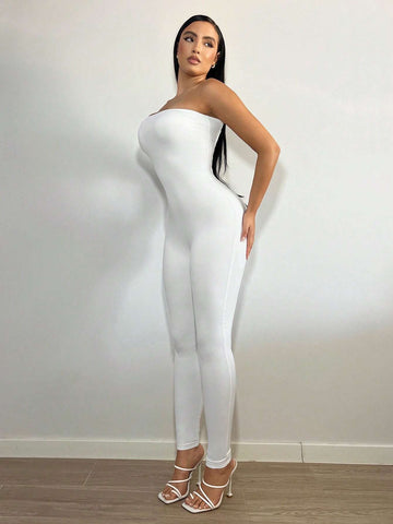 Solid Cut Out Backless Tube Unitard Jumpsuit