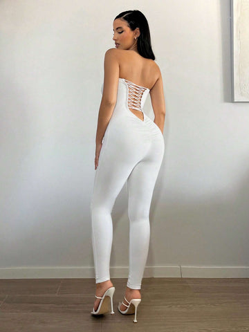 Solid Cut Out Backless Tube Unitard Jumpsuit