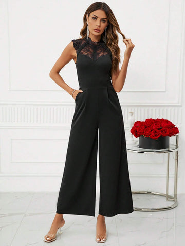 Contrast Lace Mock Neck Wide Leg Jumpsuit