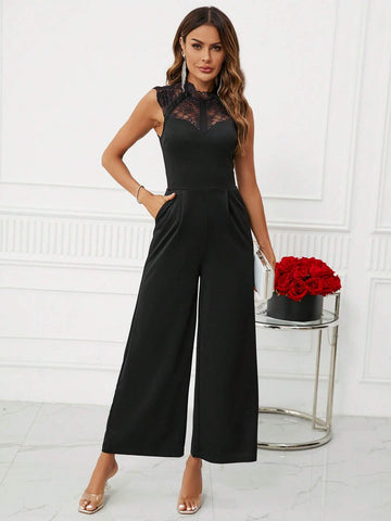 Contrast Lace Mock Neck Wide Leg Jumpsuit