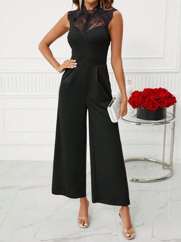Contrast Lace Mock Neck Wide Leg Jumpsuit