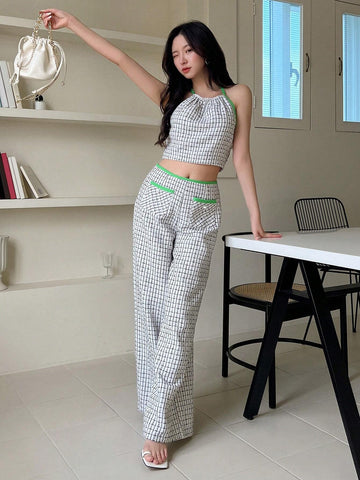 Plaid Print Contrast Binding Crop Halter Top & Pants