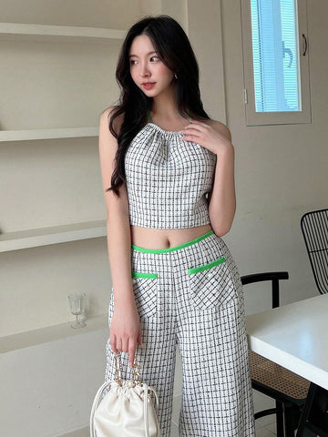 Plaid Print Contrast Binding Crop Halter Top & Pants
