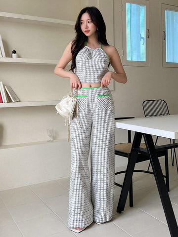 Plaid Print Contrast Binding Crop Halter Top & Pants