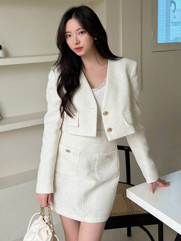 Solid Button Front Crop Jacket & Skirt Without Cami Top