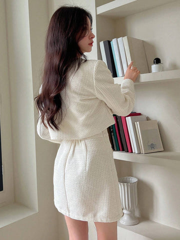 Solid Button Front Crop Jacket & Skirt Without Cami Top