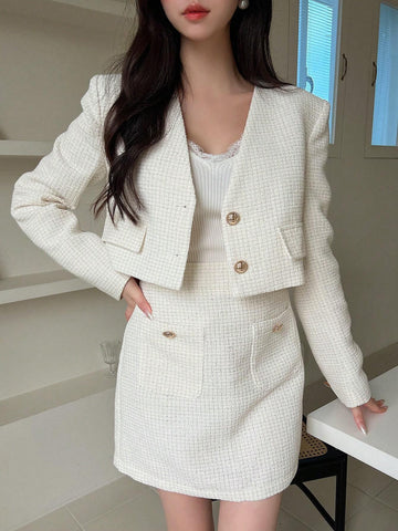 Solid Button Front Crop Jacket & Skirt Without Cami Top