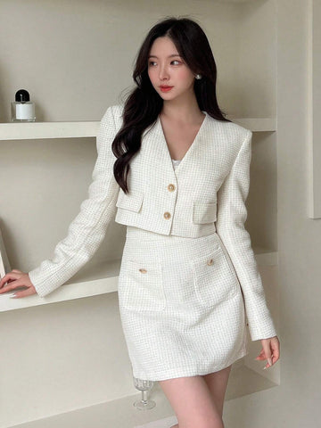 Solid Button Front Crop Jacket & Skirt Without Cami Top