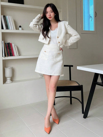 Solid Button Front Crop Jacket & Skirt Without Cami Top