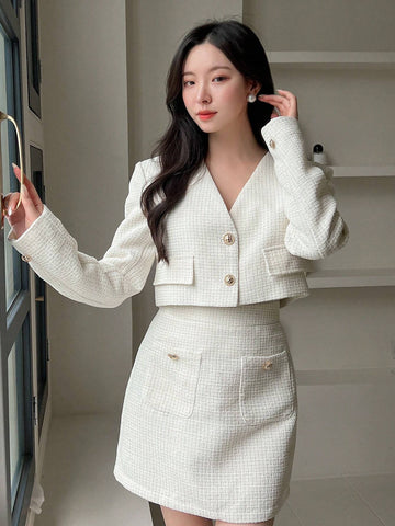 Solid Button Front Crop Jacket & Skirt Without Cami Top